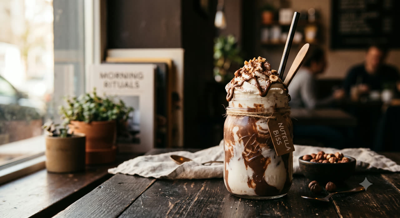 Nutella Bliss shake in a mason jar on the counter