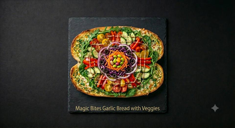 Garlic bread loaded with veggies, fresh off the pass