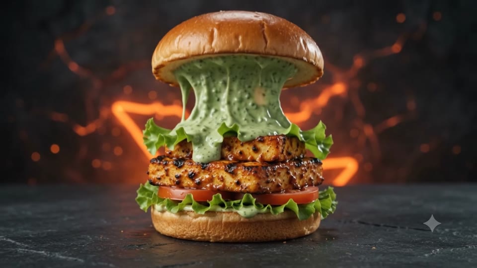 Mint sauce pulled off a stacked veg burger