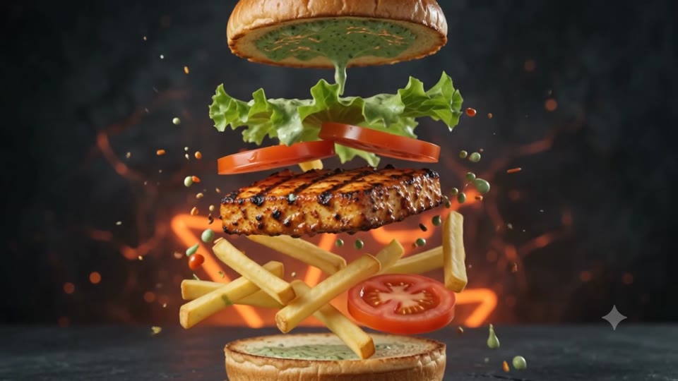 Burger layers suspended mid-air with fries