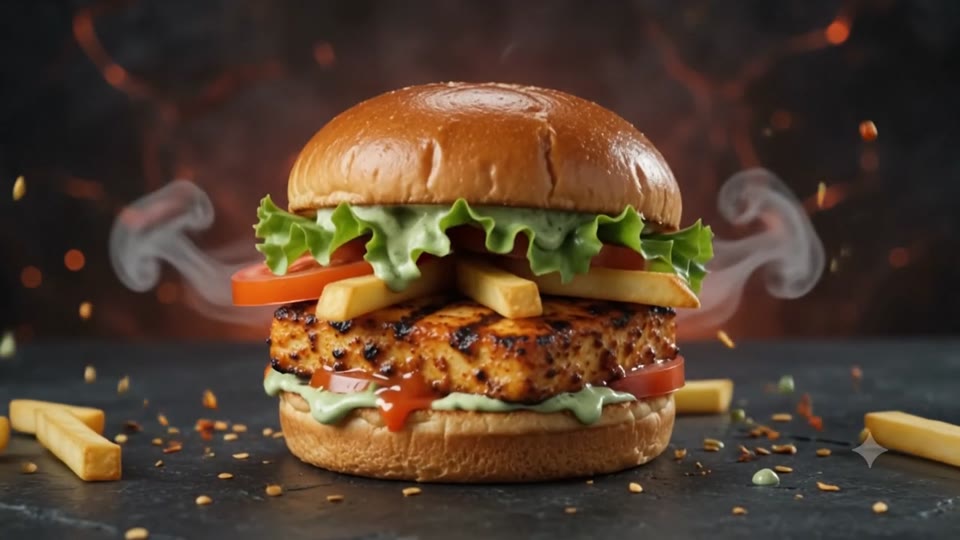 Re-stacked burger steaming on slate